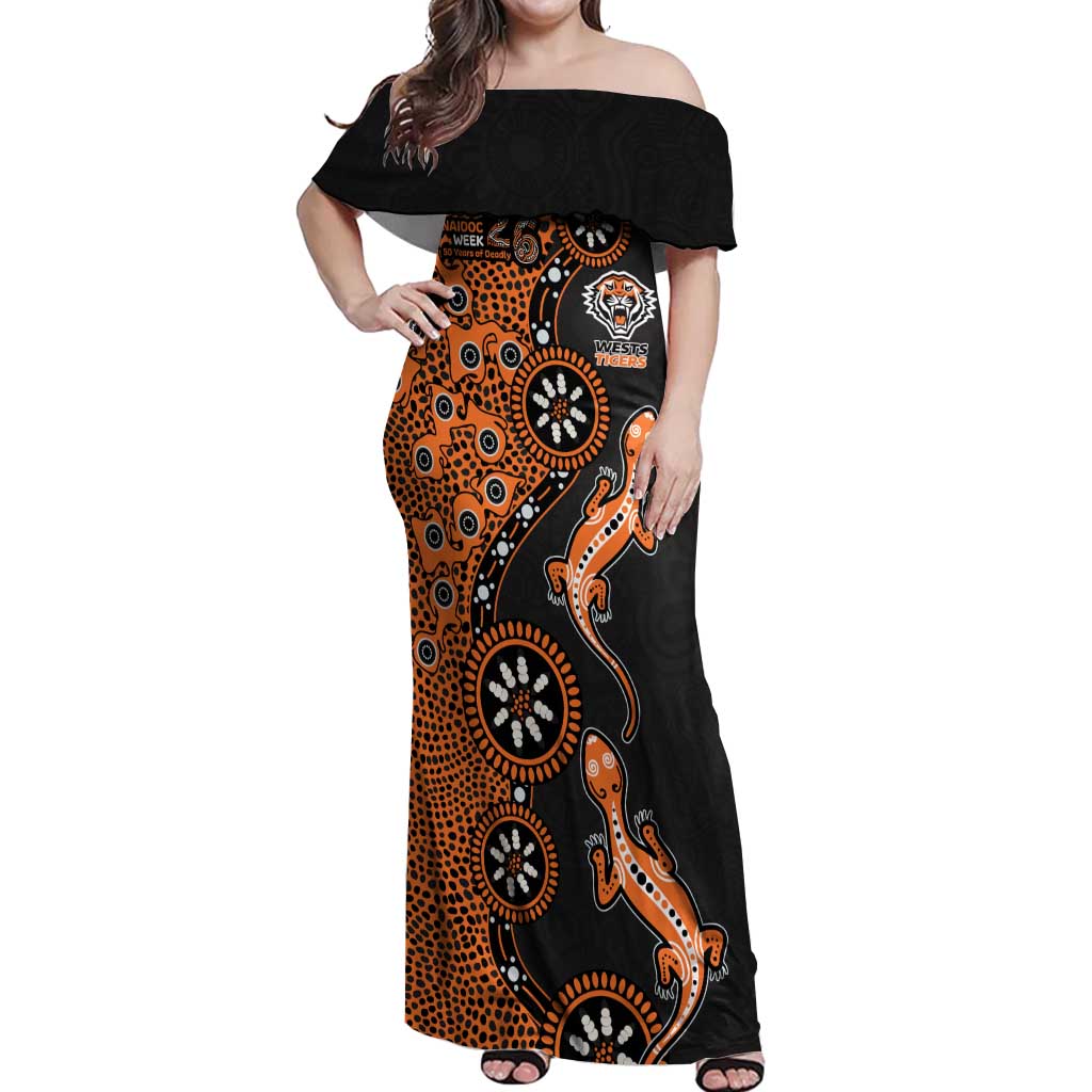 Wests Tigers NAIDOC Week 2026 Off Shoulder Maxi Dress Aboriginal Lizard Dot Painting - 50 Years of Deadly