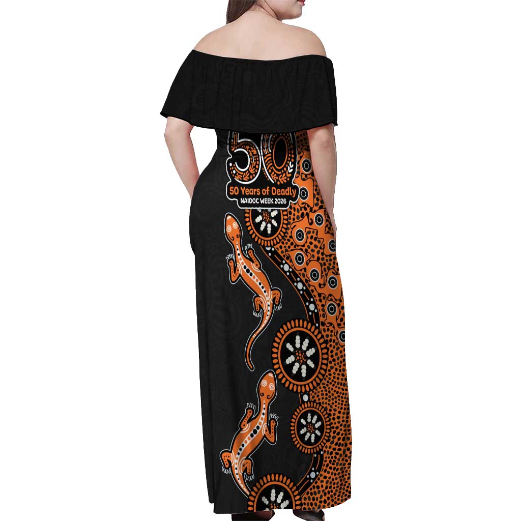 Wests Tigers NAIDOC Week 2026 Off Shoulder Maxi Dress Aboriginal Lizard Dot Painting - 50 Years of Deadly