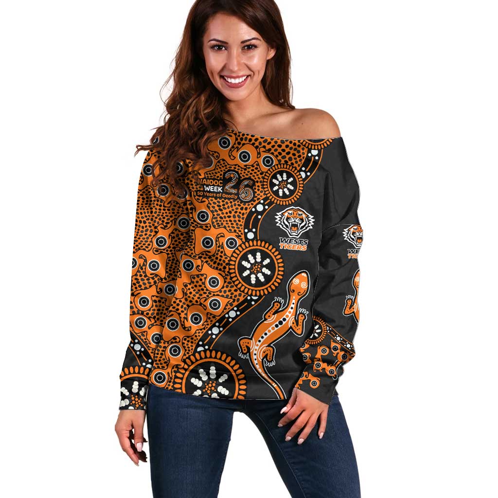 Wests Tigers NAIDOC Week 2026 Off Shoulder Sweater Aboriginal Lizard Dot Painting - 50 Years of Deadly