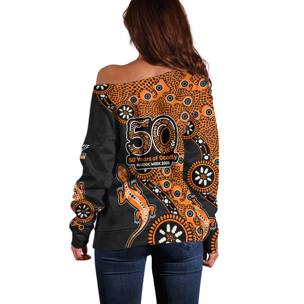 Wests Tigers NAIDOC Week 2026 Off Shoulder Sweater Aboriginal Lizard Dot Painting - 50 Years of Deadly
