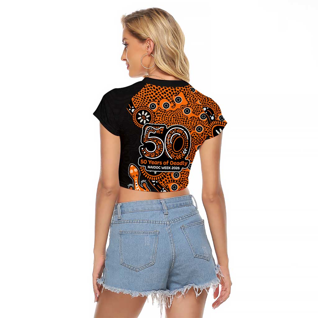Wests Tigers NAIDOC Week 2026 Raglan Cropped T Shirt Aboriginal Lizard Dot Painting - 50 Years of Deadly