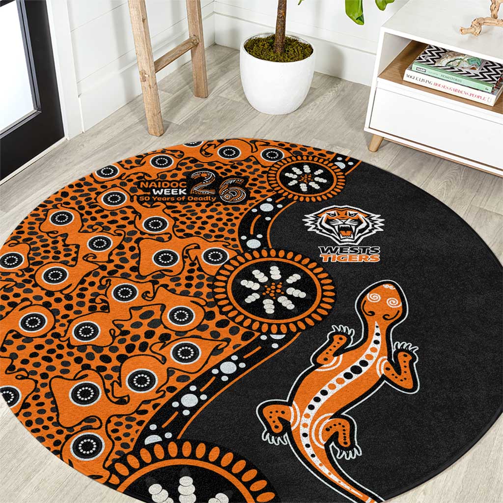 Wests Tigers NAIDOC Week 2026 Round Carpet Aboriginal Lizard Dot Painting - 50 Years of Deadly