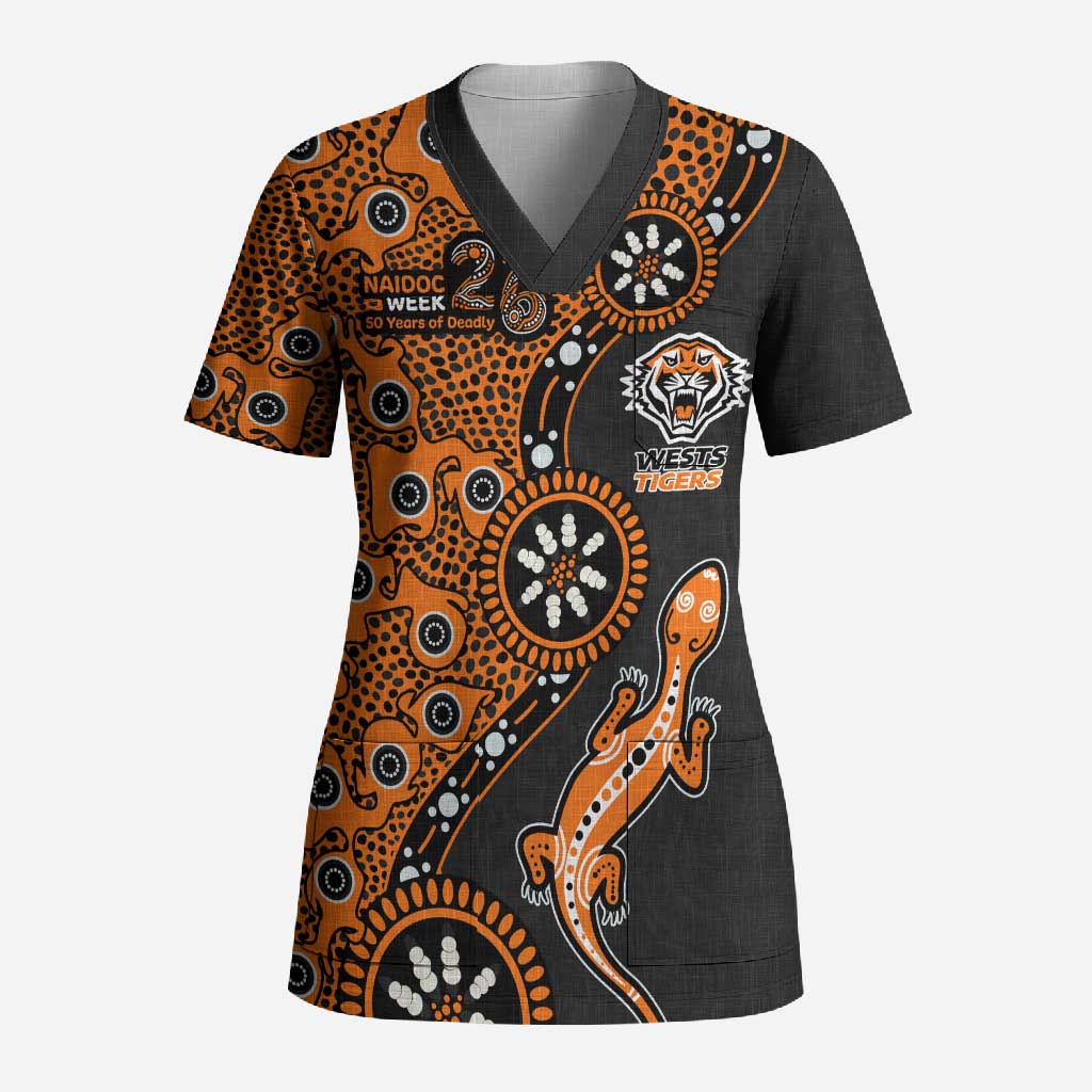 Wests Tigers NAIDOC Week 2026 Scrub Top Aboriginal Lizard Dot Painting - 50 Years of Deadly