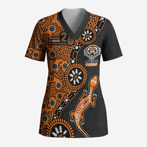 Wests Tigers NAIDOC Week 2026 Scrub Top Aboriginal Lizard Dot Painting - 50 Years of Deadly