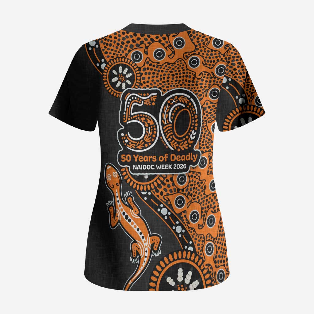 Wests Tigers NAIDOC Week 2026 Scrub Top Aboriginal Lizard Dot Painting - 50 Years of Deadly