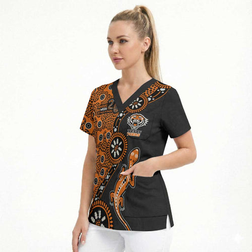 Wests Tigers NAIDOC Week 2026 Scrub Top Aboriginal Lizard Dot Painting - 50 Years of Deadly
