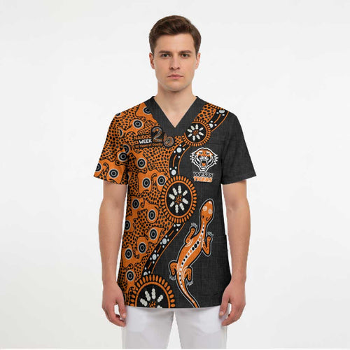 Wests Tigers NAIDOC Week 2026 Scrub Top Aboriginal Lizard Dot Painting - 50 Years of Deadly