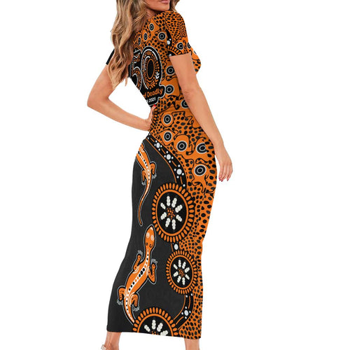 Wests Tigers NAIDOC Week 2026 Short Sleeve Bodycon Dress Aboriginal Lizard Dot Painting - 50 Years of Deadly
