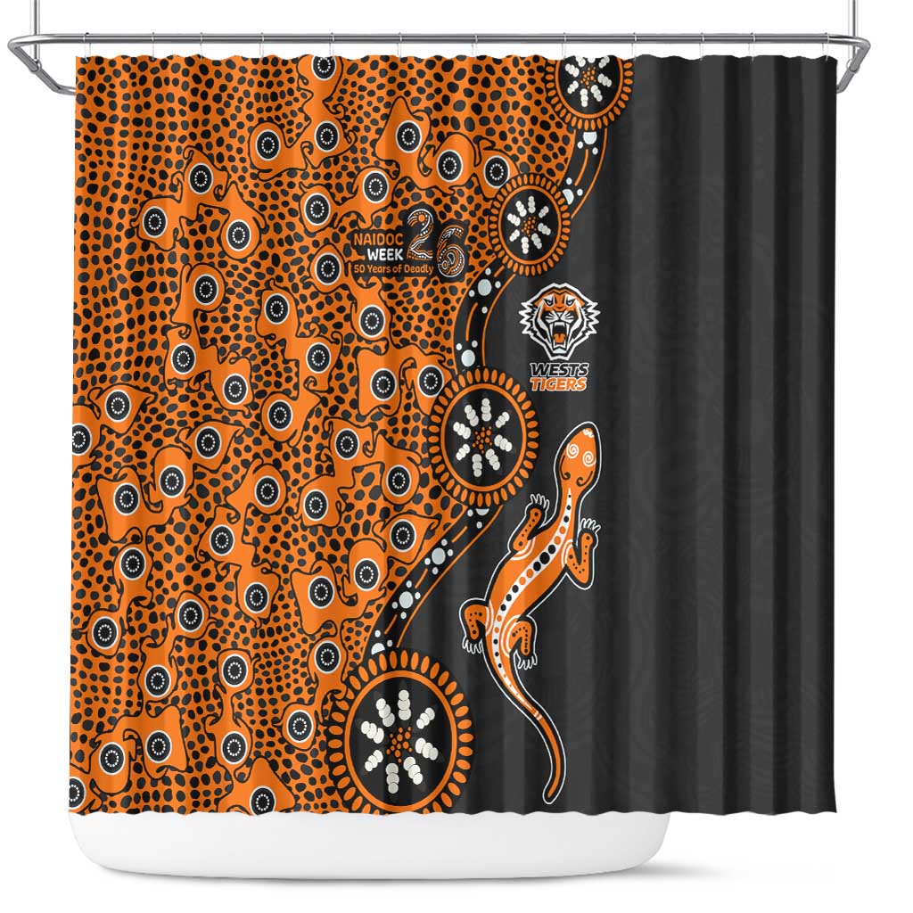 Wests Tigers NAIDOC Week 2026 Shower Curtain Aboriginal Lizard Dot Painting - 50 Years of Deadly