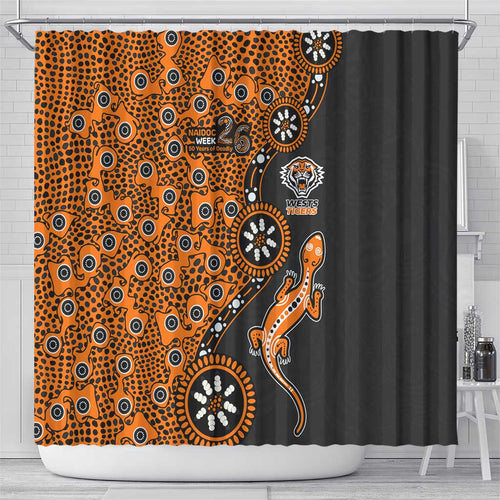 Wests Tigers NAIDOC Week 2026 Shower Curtain Aboriginal Lizard Dot Painting - 50 Years of Deadly