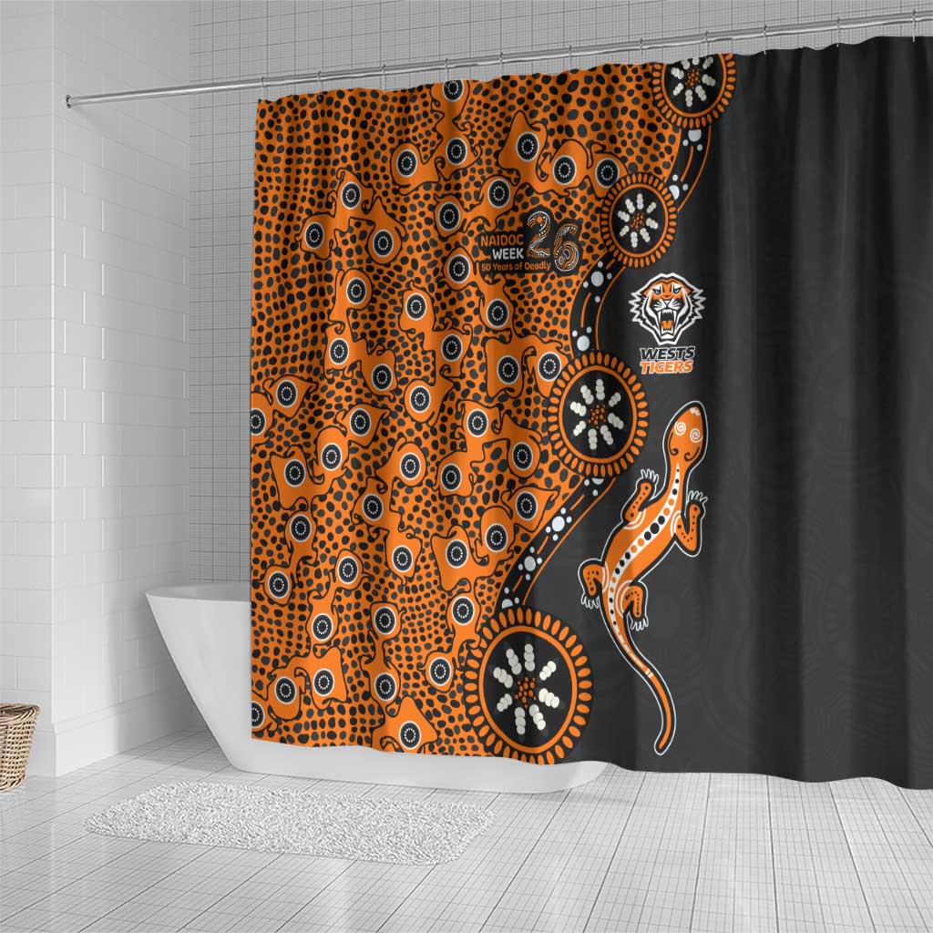 Wests Tigers NAIDOC Week 2026 Shower Curtain Aboriginal Lizard Dot Painting - 50 Years of Deadly