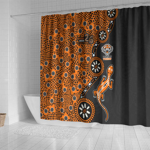 Wests Tigers NAIDOC Week 2026 Shower Curtain Aboriginal Lizard Dot Painting - 50 Years of Deadly
