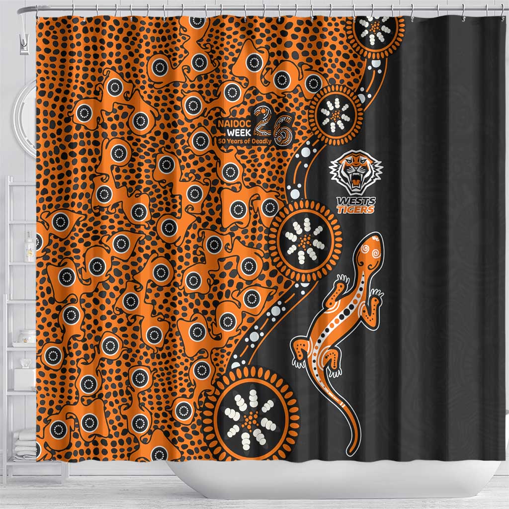 Wests Tigers NAIDOC Week 2026 Shower Curtain Aboriginal Lizard Dot Painting - 50 Years of Deadly