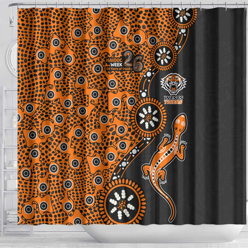 Wests Tigers NAIDOC Week 2026 Shower Curtain Aboriginal Lizard Dot Painting - 50 Years of Deadly