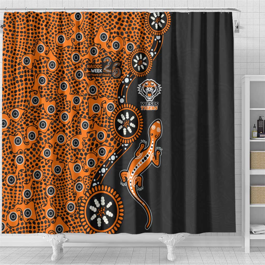 Wests Tigers NAIDOC Week 2026 Shower Curtain Aboriginal Lizard Dot Painting - 50 Years of Deadly