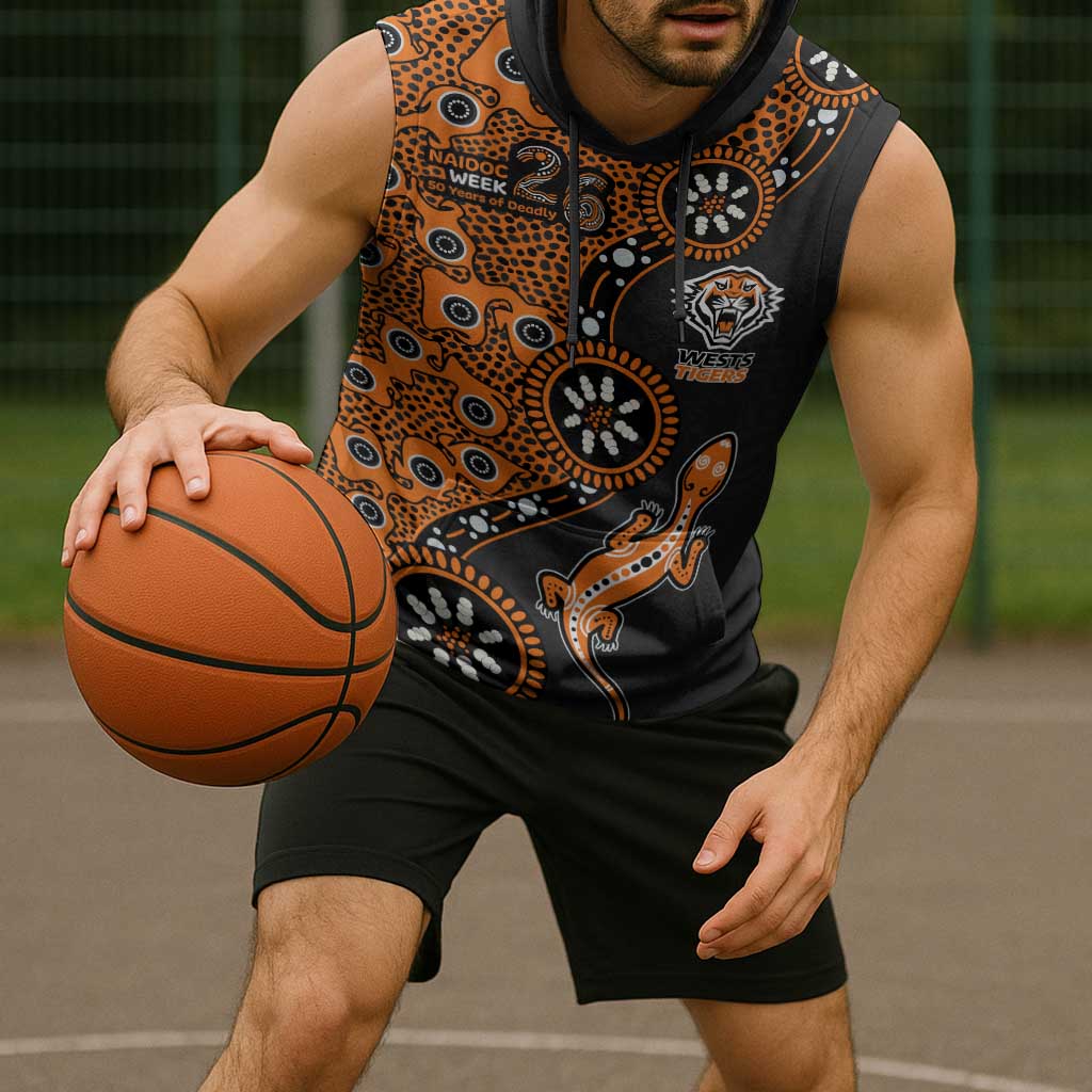 Wests Tigers NAIDOC Week 2026 Sleeveless Hoodie Aboriginal Lizard Dot Painting - 50 Years of Deadly
