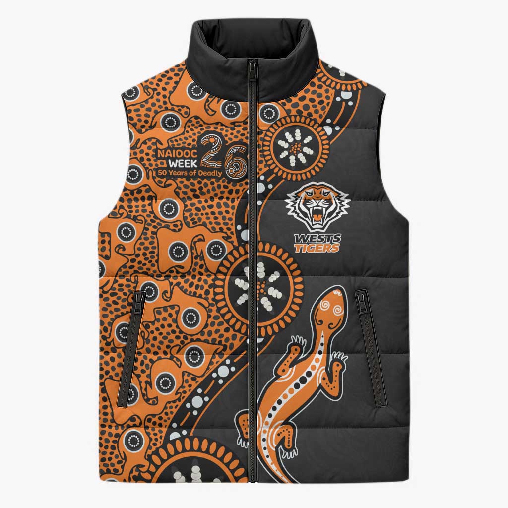 Wests Tigers NAIDOC Week 2026 Sleeveless Puffer Jacket Aboriginal Lizard Dot Painting - 50 Years of Deadly