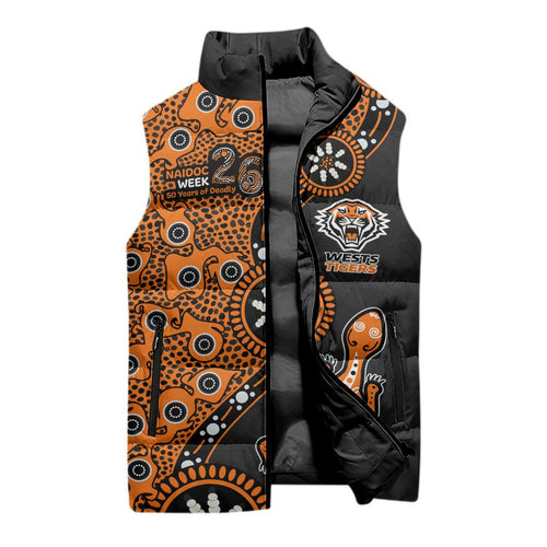 Wests Tigers NAIDOC Week 2026 Sleeveless Puffer Jacket Aboriginal Lizard Dot Painting - 50 Years of Deadly