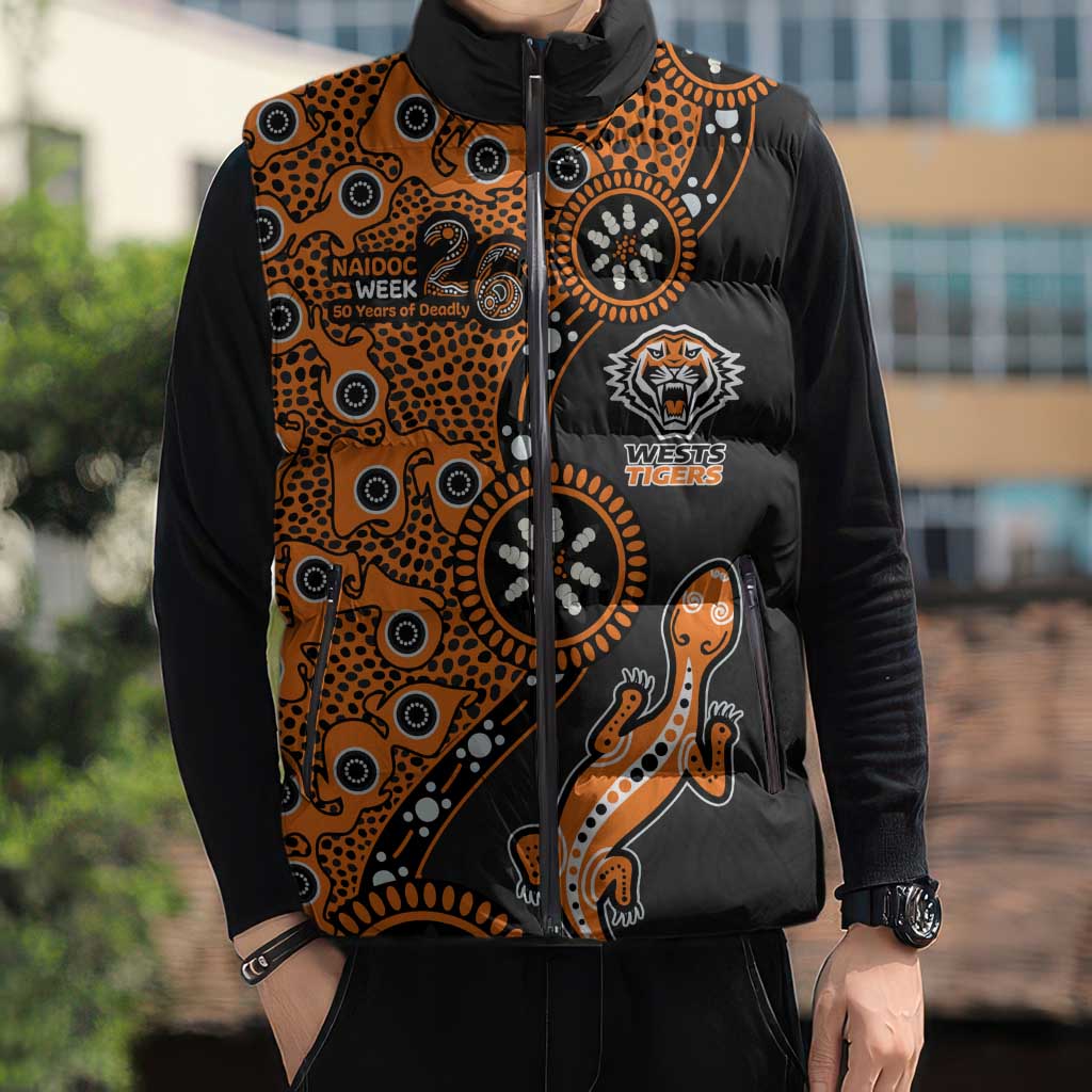 Wests Tigers NAIDOC Week 2026 Sleeveless Puffer Jacket Aboriginal Lizard Dot Painting - 50 Years of Deadly