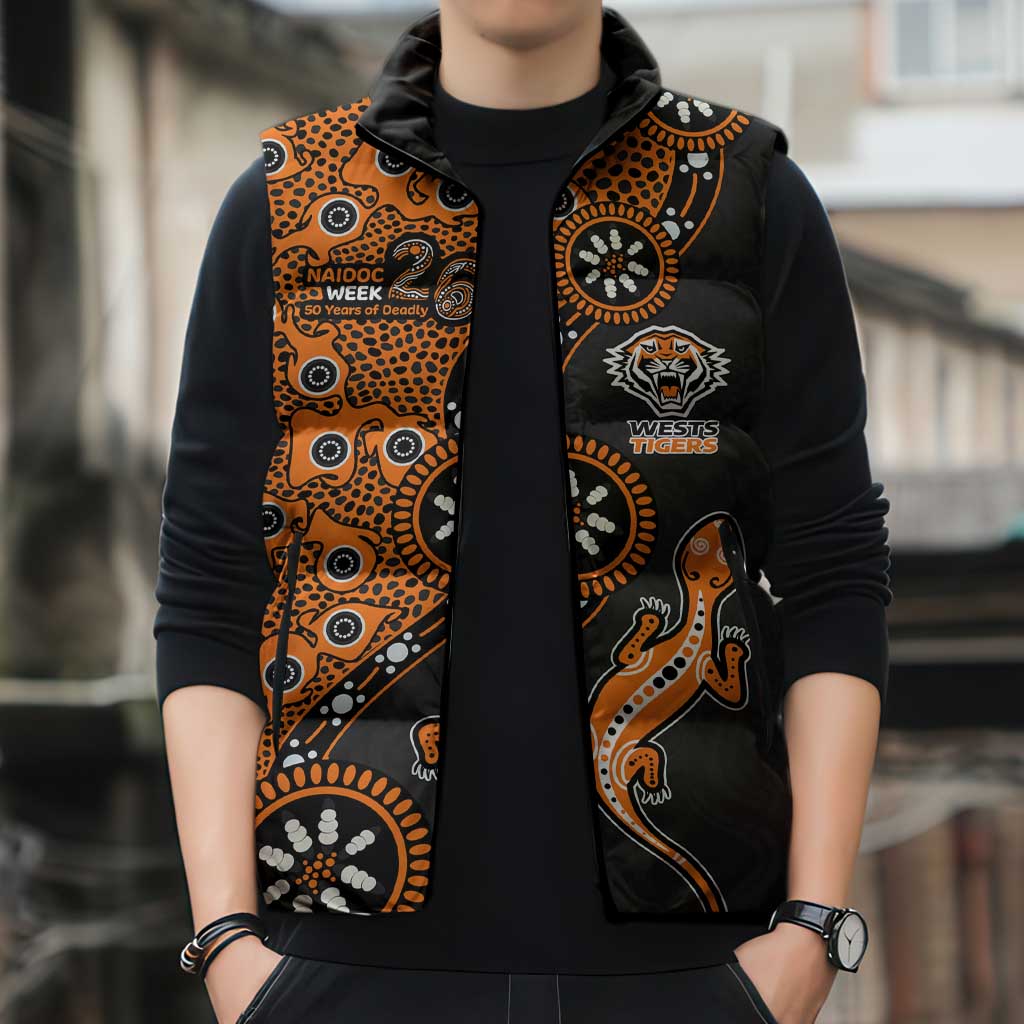 Wests Tigers NAIDOC Week 2026 Sleeveless Puffer Jacket Aboriginal Lizard Dot Painting - 50 Years of Deadly