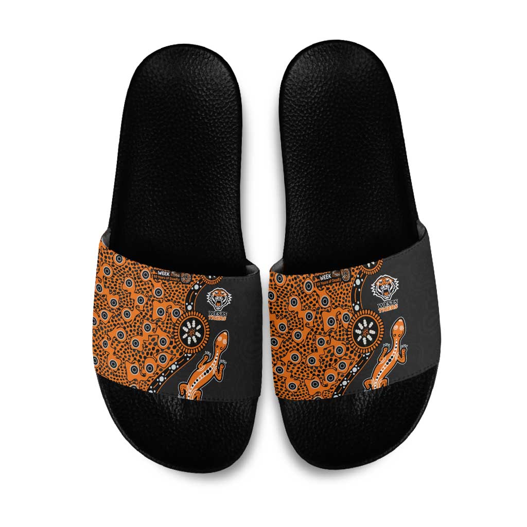 Wests Tigers NAIDOC Week 2026 Slide Sandals Aboriginal Lizard Dot Painting - 50 Years of Deadly