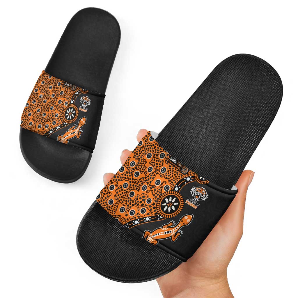Wests Tigers NAIDOC Week 2026 Slide Sandals Aboriginal Lizard Dot Painting - 50 Years of Deadly