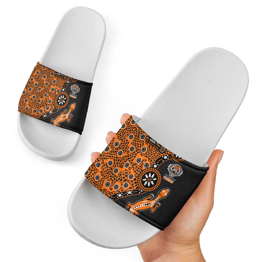 Wests Tigers NAIDOC Week 2026 Slide Sandals Aboriginal Lizard Dot Painting - 50 Years of Deadly