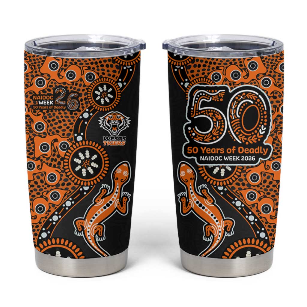 Wests Tigers NAIDOC Week 2026 Tumbler Cup Aboriginal Lizard Dot Painting - 50 Years of Deadly