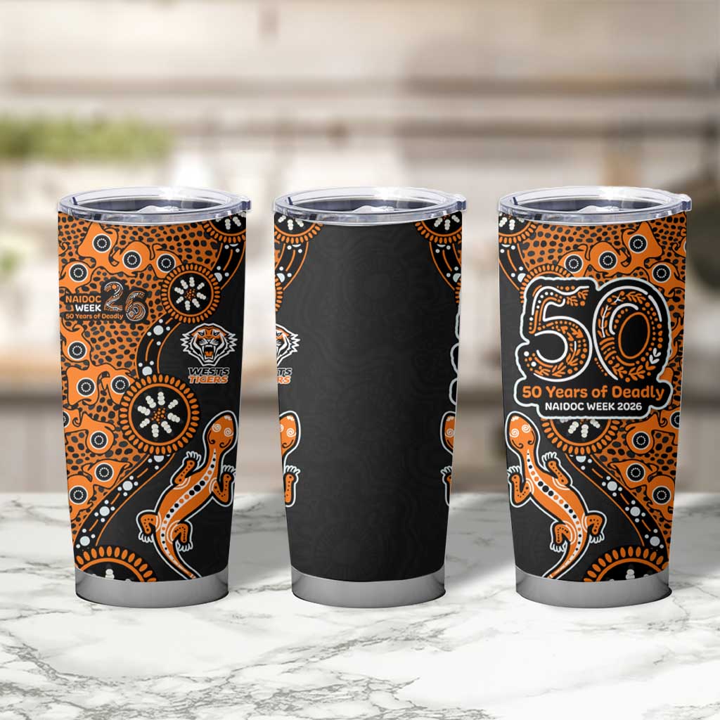 Wests Tigers NAIDOC Week 2026 Tumbler Cup Aboriginal Lizard Dot Painting - 50 Years of Deadly