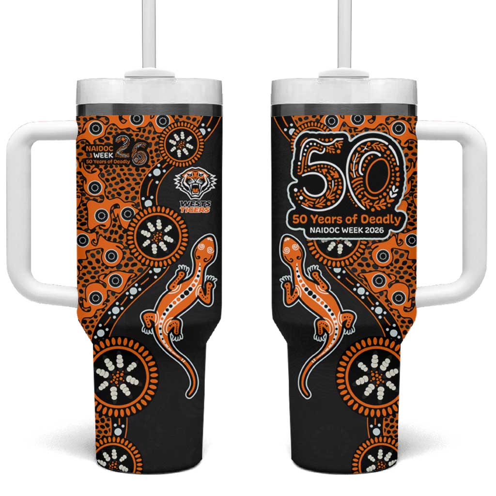 Wests Tigers NAIDOC Week 2026 Tumbler With Handle Aboriginal Lizard Dot Painting - 50 Years of Deadly
