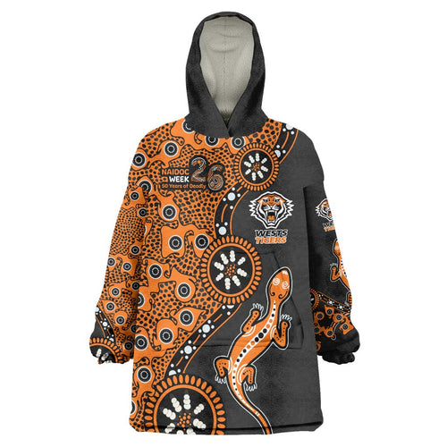 Wests Tigers NAIDOC Week 2026 Wearable Blanket Hoodie Aboriginal Lizard Dot Painting - 50 Years of Deadly