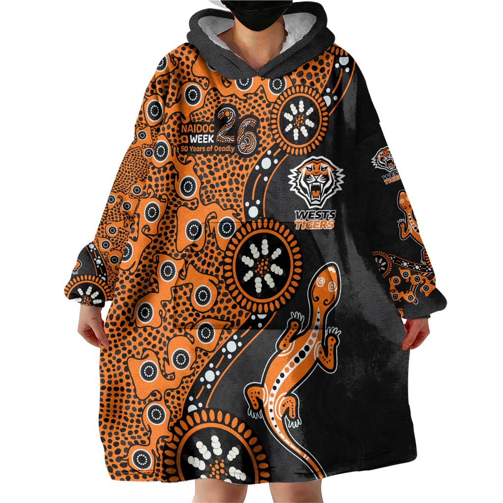 Wests Tigers NAIDOC Week 2026 Wearable Blanket Hoodie Aboriginal Lizard Dot Painting - 50 Years of Deadly