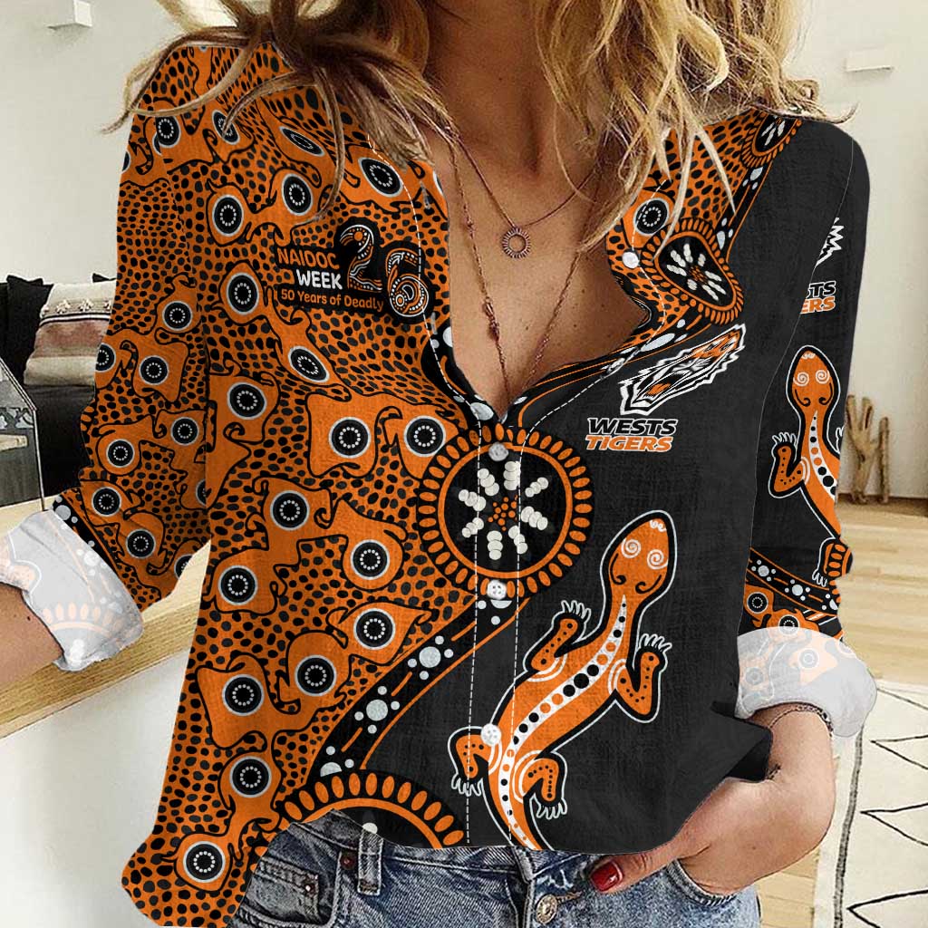 Wests Tigers NAIDOC Week 2026 Women Casual Shirt Aboriginal Lizard Dot Painting - 50 Years of Deadly