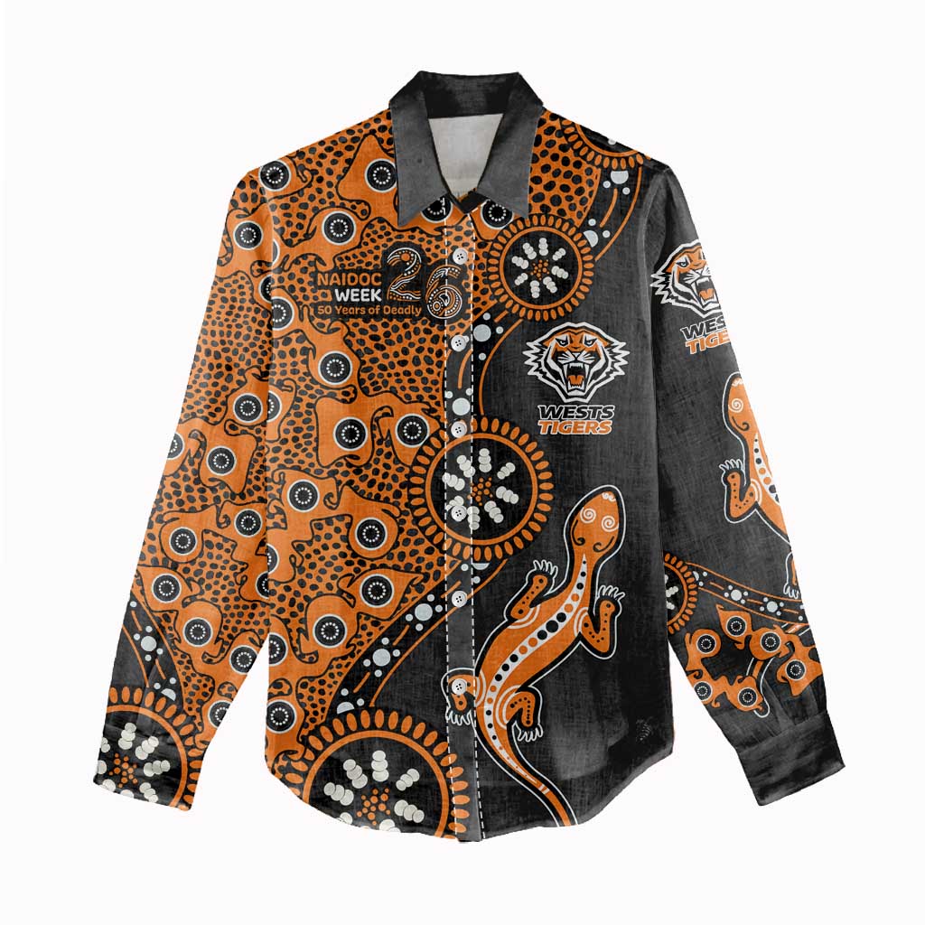 Wests Tigers NAIDOC Week 2026 Women Casual Shirt Aboriginal Lizard Dot Painting - 50 Years of Deadly
