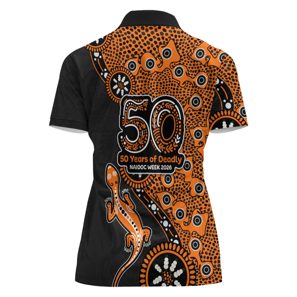 Wests Tigers NAIDOC Week 2026 Women Polo Shirt Aboriginal Lizard Dot Painting - 50 Years of Deadly