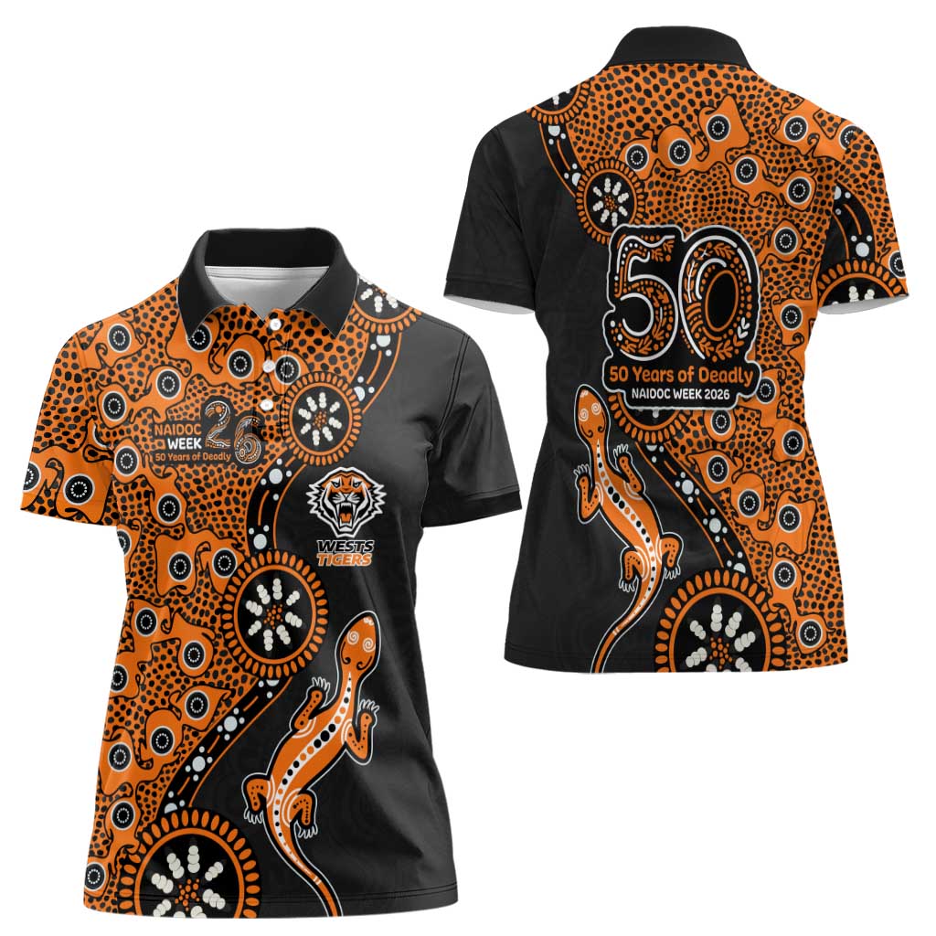 Wests Tigers NAIDOC Week 2026 Women Polo Shirt Aboriginal Lizard Dot Painting - 50 Years of Deadly