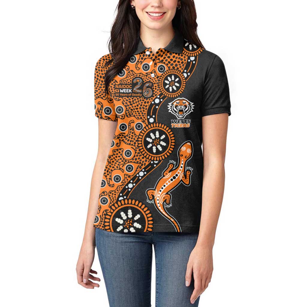 Wests Tigers NAIDOC Week 2026 Women Polo Shirt Aboriginal Lizard Dot Painting - 50 Years of Deadly