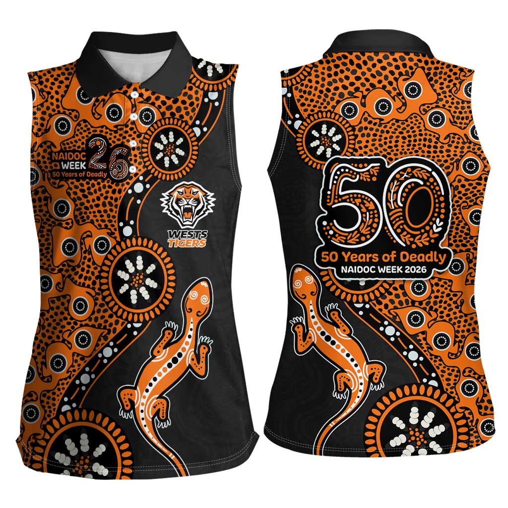 Wests Tigers NAIDOC Week 2026 Women Sleeveless Polo Shirt Aboriginal Lizard Dot Painting - 50 Years of Deadly