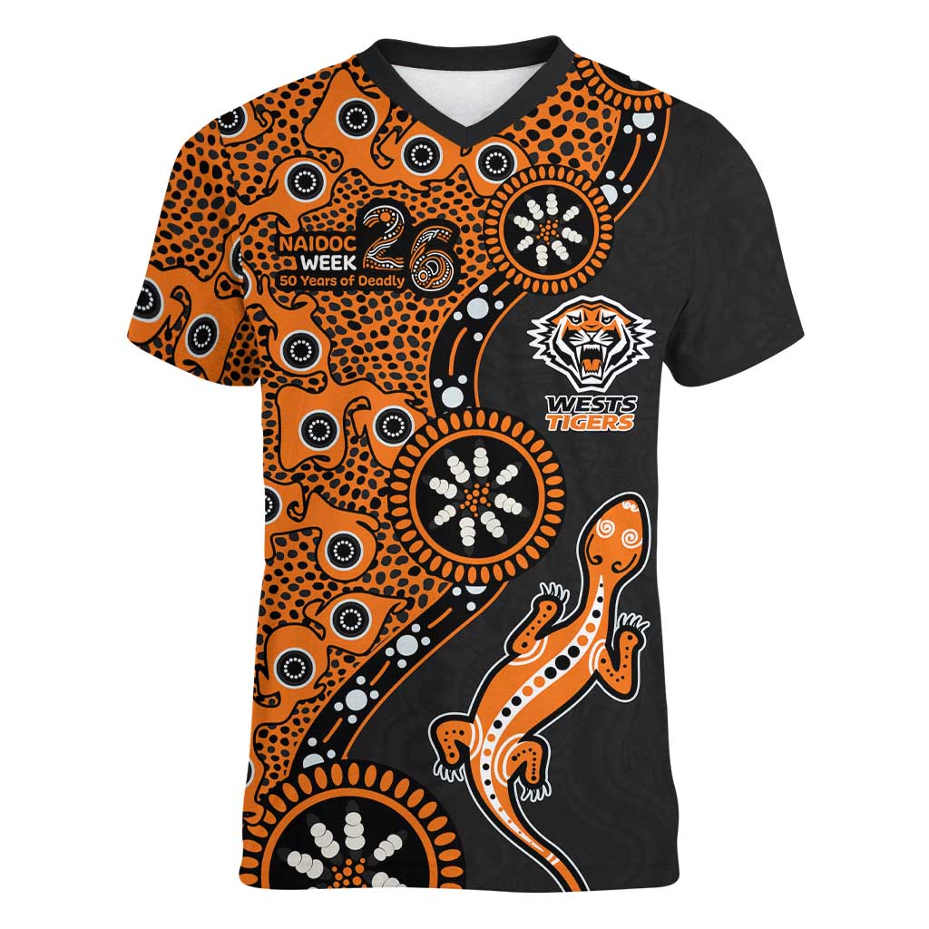 Wests Tigers NAIDOC Week 2026 Women V-Neck T-Shirt Aboriginal Lizard Dot Painting - 50 Years of Deadly