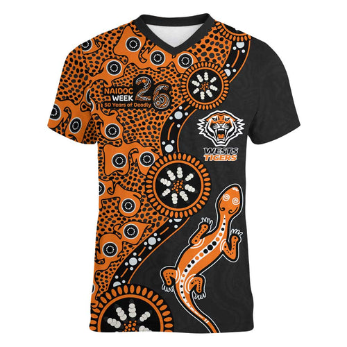 Wests Tigers NAIDOC Week 2026 Women V-Neck T-Shirt Aboriginal Lizard Dot Painting - 50 Years of Deadly