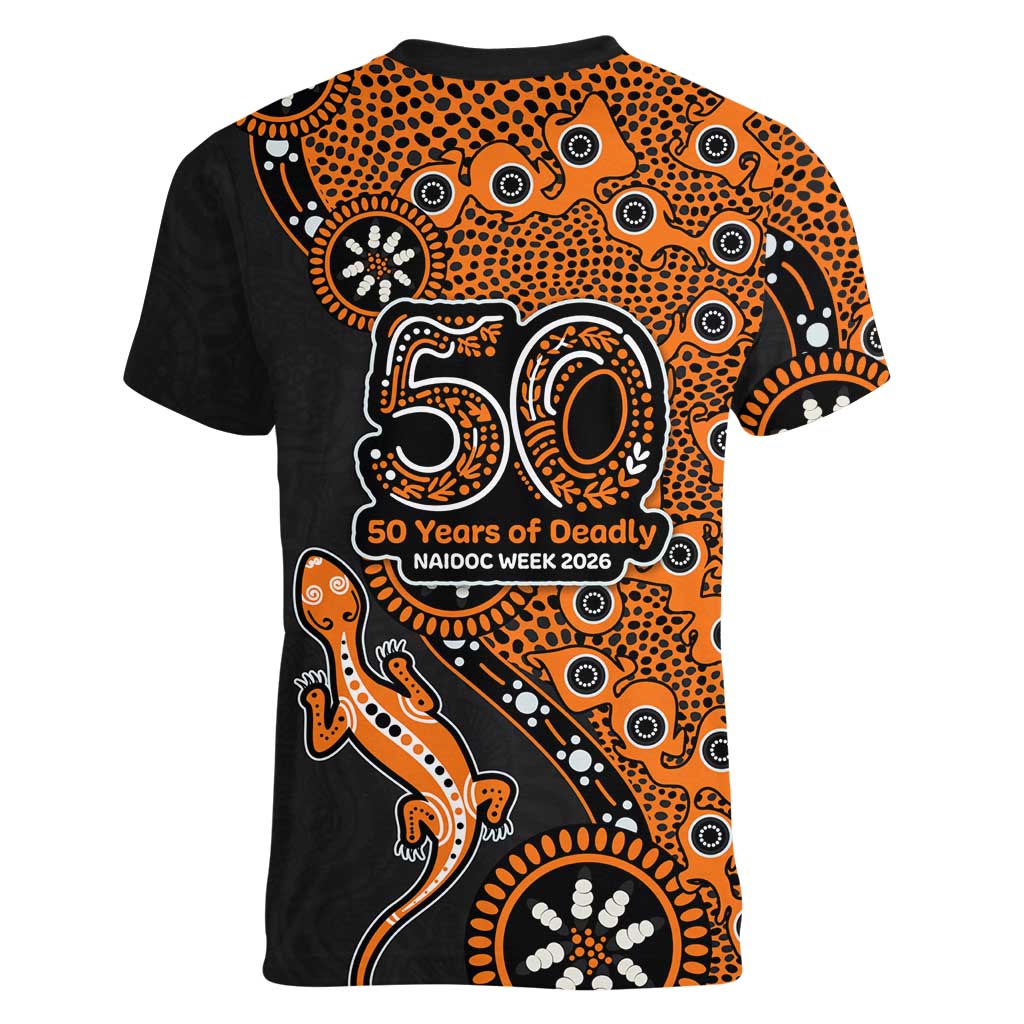 Wests Tigers NAIDOC Week 2026 Women V-Neck T-Shirt Aboriginal Lizard Dot Painting - 50 Years of Deadly