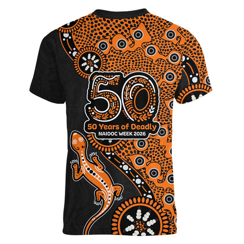 Wests Tigers NAIDOC Week 2026 Women V-Neck T-Shirt Aboriginal Lizard Dot Painting - 50 Years of Deadly