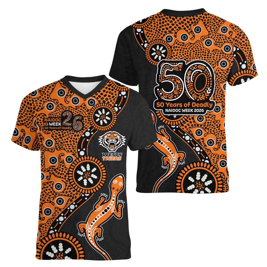 Wests Tigers NAIDOC Week 2026 Women V-Neck T-Shirt Aboriginal Lizard Dot Painting - 50 Years of Deadly