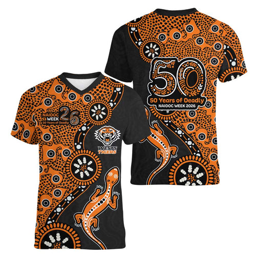 Wests Tigers NAIDOC Week 2026 Women V-Neck T-Shirt Aboriginal Lizard Dot Painting - 50 Years of Deadly