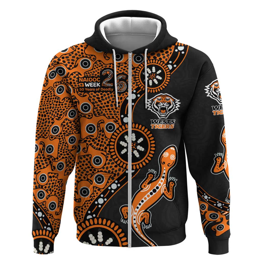 Wests Tigers NAIDOC Week 2026 Zip Hoodie Aboriginal Lizard Dot Painting - 50 Years of Deadly