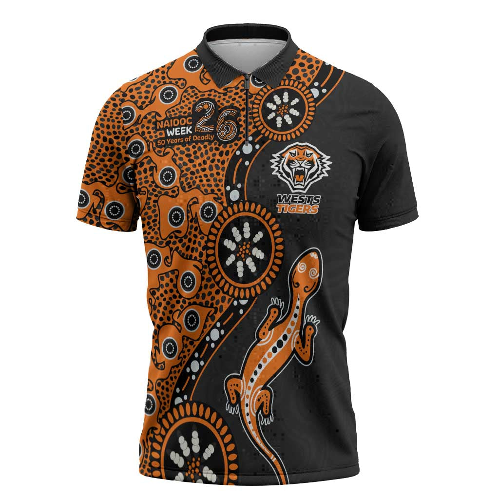 Wests Tigers NAIDOC Week 2026 Zipper Polo Shirt Aboriginal Lizard Dot Painting - 50 Years of Deadly