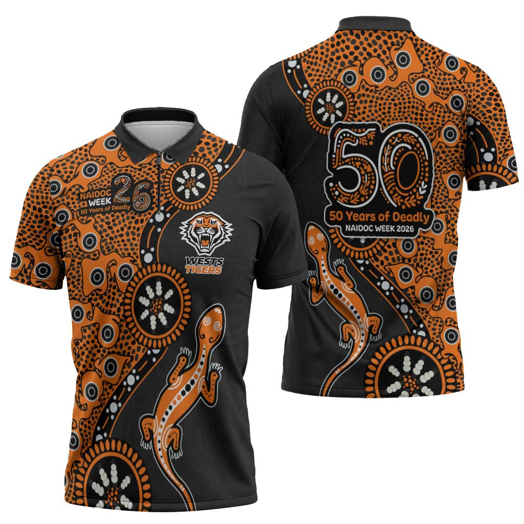 Wests Tigers NAIDOC Week 2026 Zipper Polo Shirt Aboriginal Lizard Dot Painting - 50 Years of Deadly