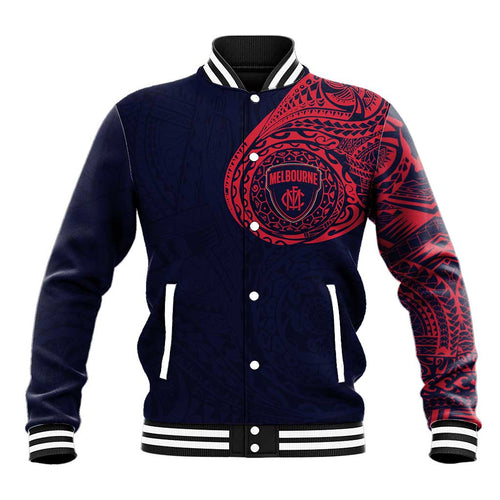 Personalized Melbourne Demons Polynesian Baseball Jacket Tribal Chest and Sleeve Tattoo Heritage Warrior