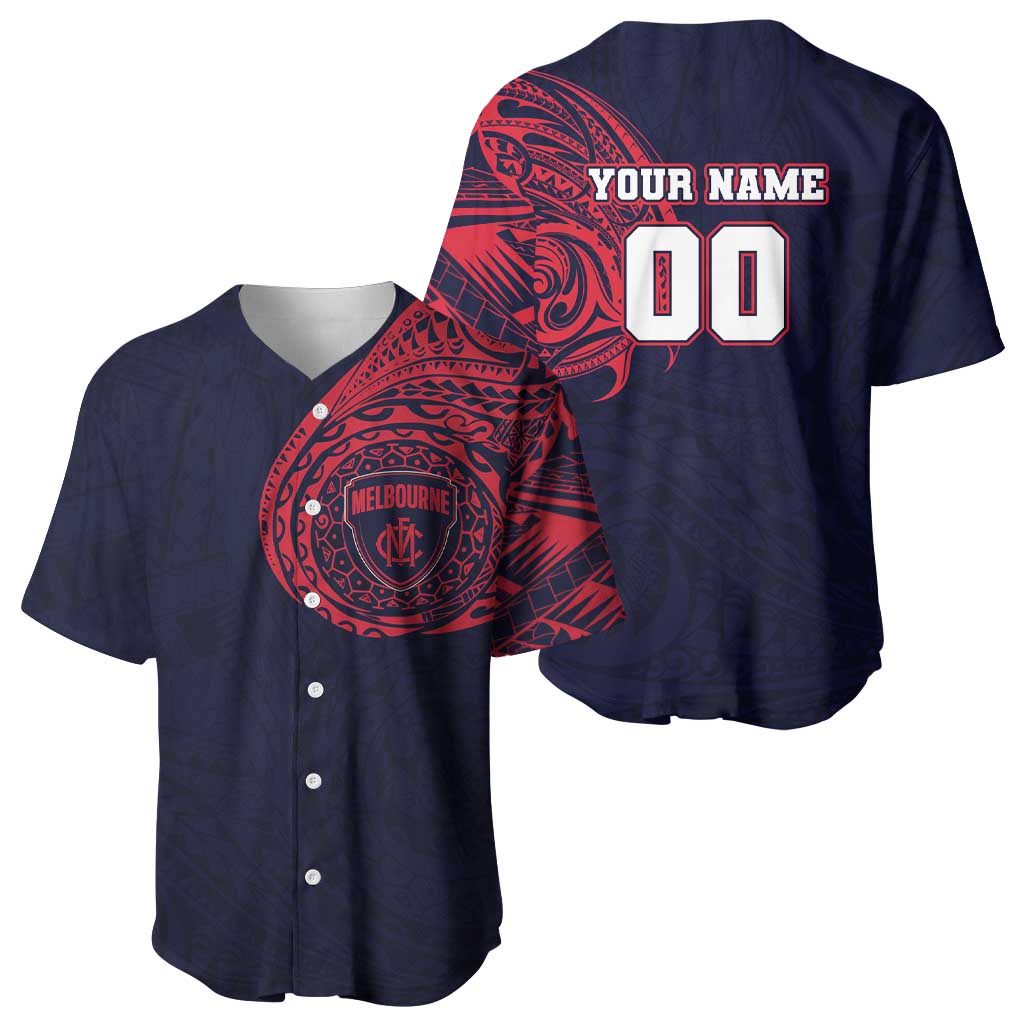 Personalized Melbourne Demons Polynesian Baseball Jersey Tribal Chest and Sleeve Tattoo Heritage Warrior
