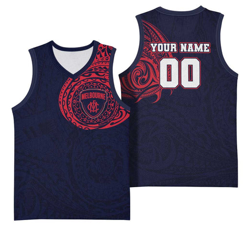 Personalized Melbourne Demons Polynesian Basketball Jersey Tribal Chest and Sleeve Tattoo Heritage Warrior